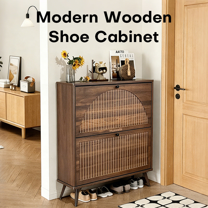 Muswells Modern Wooden Shoe Cabinet｜Mid-Century Entryway Storage Cabinet in Walnut Finish