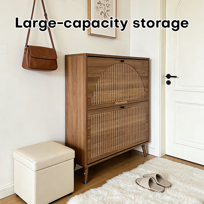 Muswells Modern Wooden Shoe Cabinet｜Mid-Century Entryway Storage Cabinet in Walnut Finish