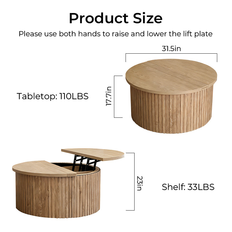 Muswells Round Lift-Top Coffee Table with Hidden Storage – Solid Wood Modern Multifunctional Tea Table